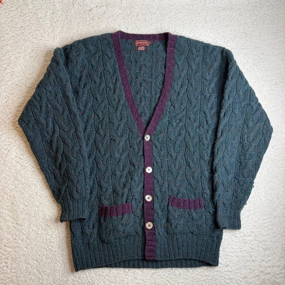 Jeffrey Banks Mens Large Wool Cable Knit Cardigan Teal Green Purple Donegal READ